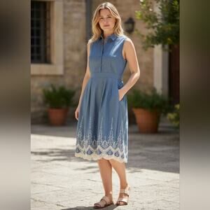 Westport 1962 | EUC | Sleeveless Blue 100% Cotton Dress with Lace Trim | Size 14